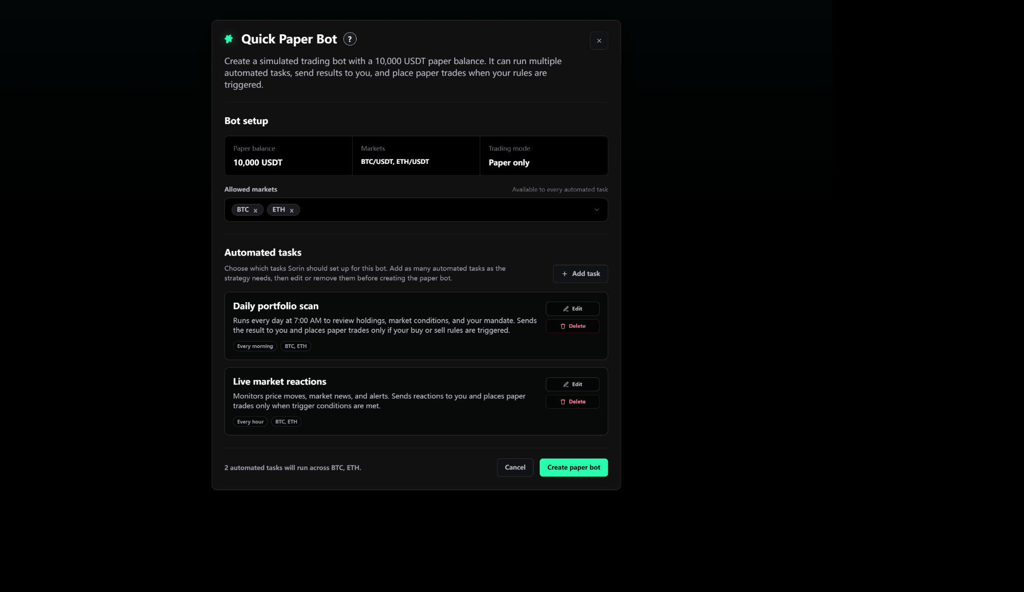 Quick Paper Bot setup with paper balance, allowed markets, automated tasks, and create action.