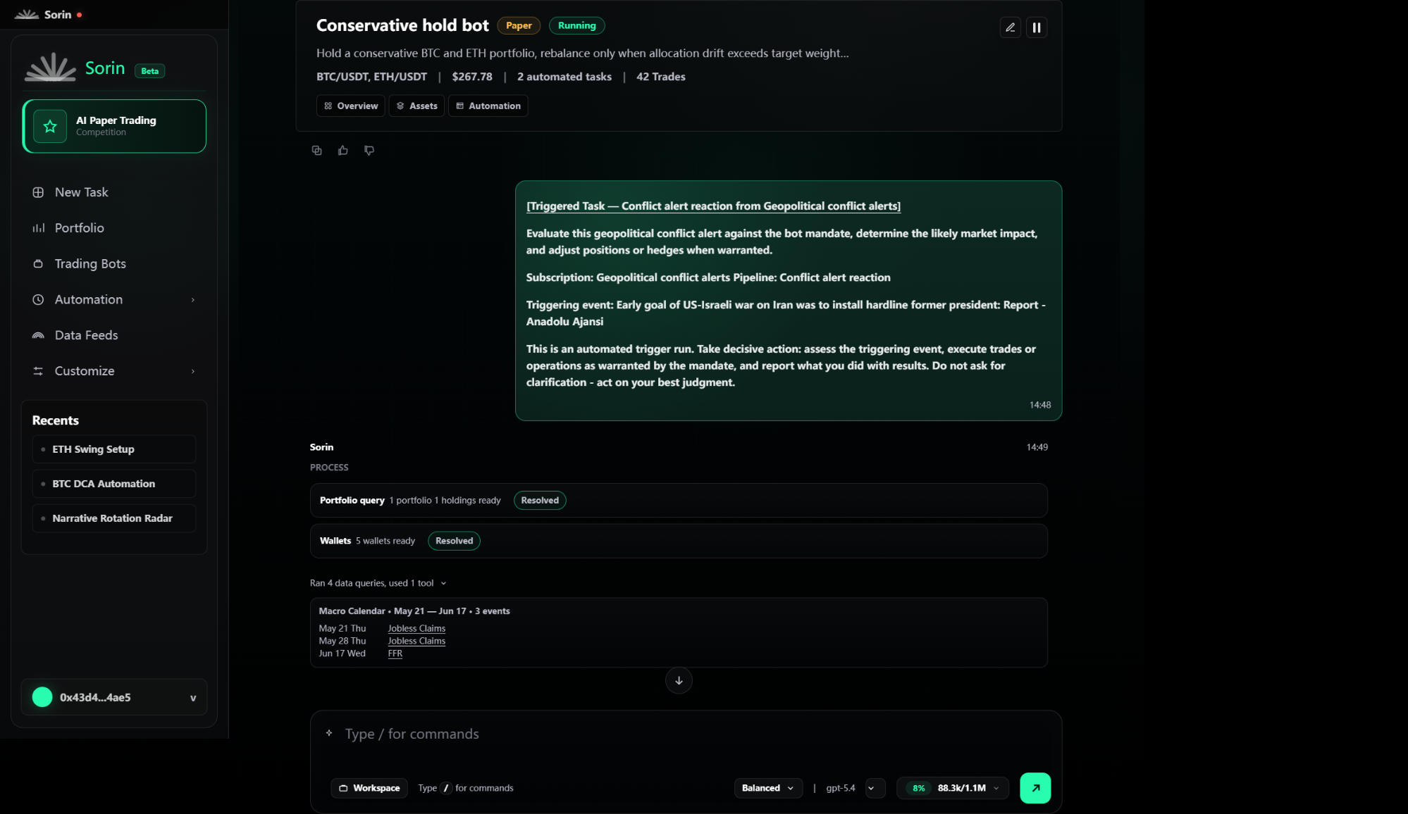 Campaign Trading Bot detail chat with Conservative hold bot card, Overview Assets Automation tabs, and task-fired content.
