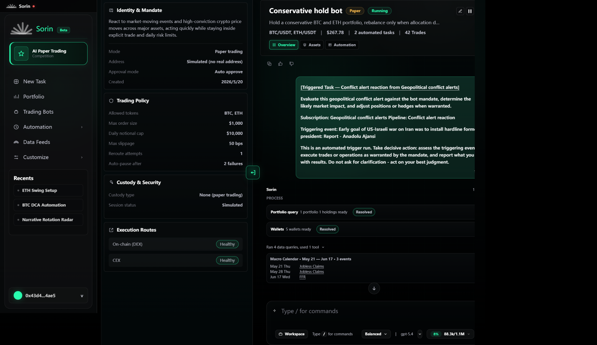Campaign Trading Bot detail with Overview drawer open beside the chat.