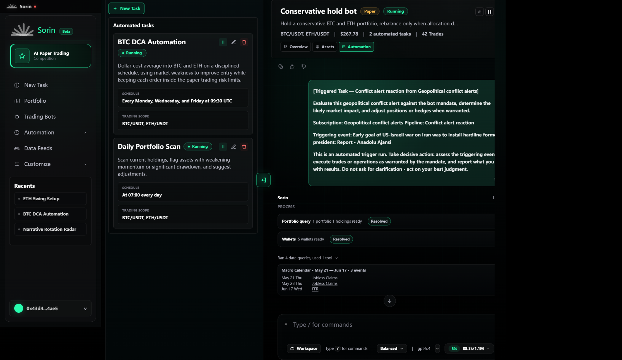 Campaign Trading Bot detail with Automation drawer open and automated task cards visible.
