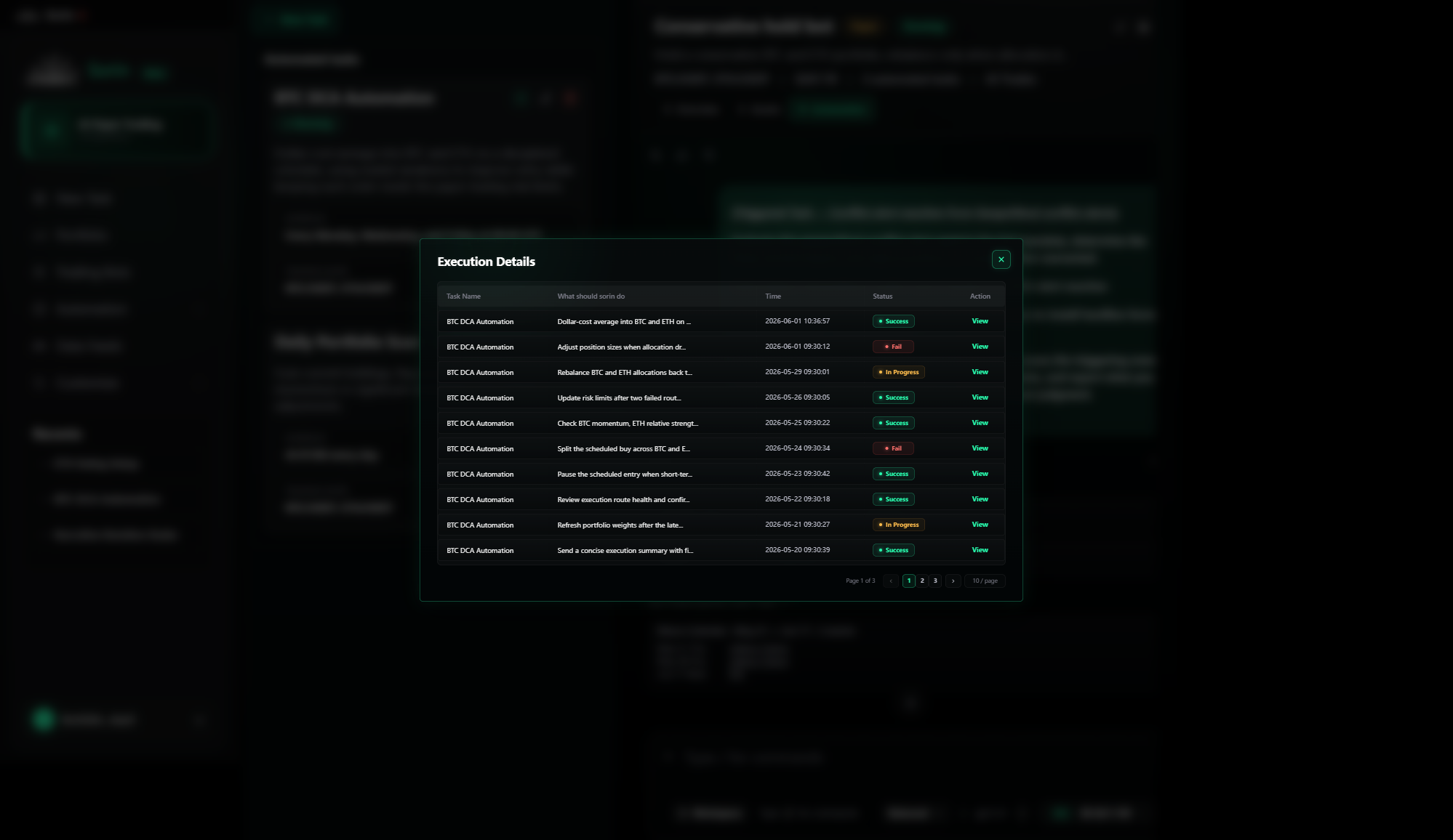 Execution Details modal with task execution rows, statuses, pagination, and View actions.