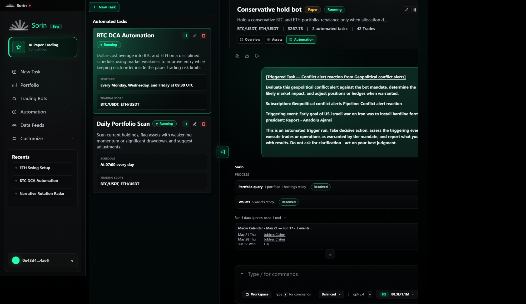 Automation drawer open with BTC DCA Automation highlighted after clicking the fired-content title.