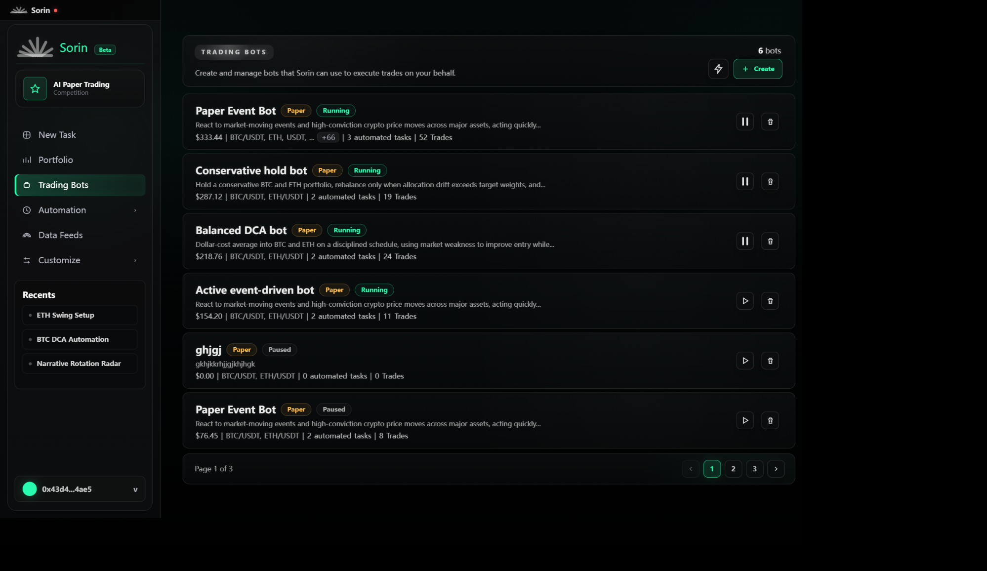 Trading Bots list page with bot cards, running states, create action, and pagination.